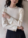 Poshoot Contrast Trim Pearl-Detail Sweater