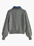 Poshoot Denim Panel Ribbed Lapel Sweater