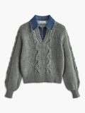 Poshoot Denim Panel Ribbed Lapel Sweater