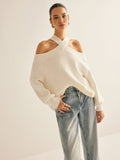 Poshoot Cross-Over Collar Cold-Shoulder Sweater