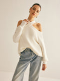 Poshoot Cross-Over Collar Cold-Shoulder Sweater