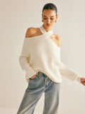 Poshoot Cross-Over Collar Cold-Shoulder Sweater