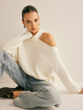 Poshoot Cross-Over Collar Cold-Shoulder Sweater