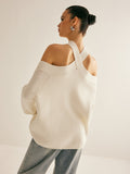 Poshoot Cross-Over Collar Cold-Shoulder Sweater