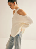 Poshoot Cross-Over Collar Cold-Shoulder Sweater