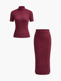 Poshoot Solid High Neck Split Ribbed Knit Two Pieces Skirt Set