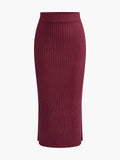 Poshoot Solid High Neck Split Ribbed Knit Two Pieces Skirt Set