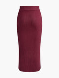 Poshoot Solid High Neck Split Ribbed Knit Two Pieces Skirt Set