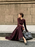 Poshoot Plain Long Sleeve Pleated Dress