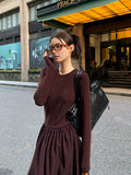 Poshoot Plain Long Sleeve Pleated Dress