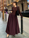 Poshoot Plain Long Sleeve Pleated Dress