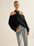 Poshoot Cross-Over Collar Cold-Shoulder Sweater