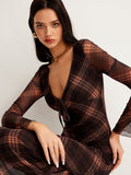 Poshoot Checked Bell-Sleeve Mesh Dress