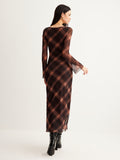 Poshoot Checked Bell-Sleeve Mesh Dress