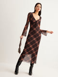 Poshoot Checked Bell-Sleeve Mesh Dress