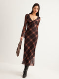 Poshoot Checked Bell-Sleeve Mesh Dress