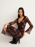 Poshoot Checked Bell-Sleeve Mesh Dress