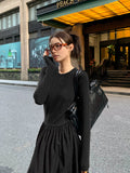 Poshoot Plain Long Sleeve Pleated Dress