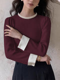 Poshoot Contrast Trim Pearl-Detail Sweater