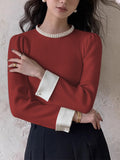 Poshoot Contrast Trim Pearl-Detail Sweater