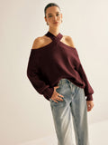 Poshoot Cross-Over Collar Cold-Shoulder Sweater