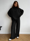 Poshoot Plain Turtleneck Knit Pants Set