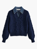 Poshoot Denim Panel Ribbed Lapel Sweater