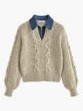 Poshoot Denim Panel Ribbed Lapel Sweater