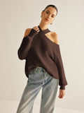 Poshoot Cross-Over Collar Cold-Shoulder Sweater