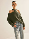 Poshoot Cross-Over Collar Cold-Shoulder Sweater