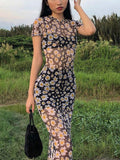 Poshoot Vintage Mesh Slim Maxi Dress with Daisy Print