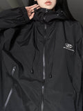 Poshoot Oversized Retro Black Waterproof Outdoor Jacket with Hood