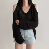 Poshoot Christmas Thanksgiving Gifts  Cut-Out Shoulder Loose Knit Sweater