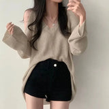 Poshoot Christmas Thanksgiving Gifts  Cut-Out Shoulder Loose Knit Sweater