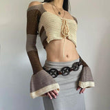 Poshoot Christmas Thanksgiving Gifts  Flared Sleeve Crop Crochet Sweater