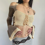 Poshoot Christmas Thanksgiving Gifts  Flared Sleeve Crop Crochet Sweater