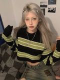 Poshoot Christmas Thanksgiving Gifts  Grunge Green Striped Crop Sweater