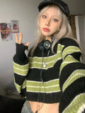 Poshoot Christmas Thanksgiving Gifts  Grunge Green Striped Crop Sweater