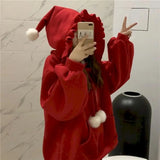 Poshoot Christmas Loose Hoodies Women's Winter Large Size Red Cute Ins Hooded Jacket Oversized Coat Kawaii Clothes Christmas Costumes