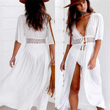 Poshoot Beach Long Maxi Dress Women Beach Cover Up Bikini Tunic Pareo White V Neck Dress Robe Swimwear Bathing Suit Beachwear