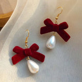 Poshoot Christmas Red Bow Drop Earring For Women Temperament Heart Flocking Bowknot Christmas Earring Girls New Year Festival Jewelry