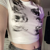 Poshoot-Grunge Aesthetic Gothic Punk T-Shirts White Women Summer Graphic Print Crop Tops Slim Short Sleeve Fashion Alt Clothes