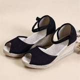 Poshoot Handmade Women Plain Linen Peep Toe Sandals Platform 5cm Heel Comfort Bohemian Ladies Summer Shoes