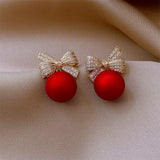 Poshoot New Style Temperament Red Color Christmas Bow Stud Earrings for Women Rhinestone Bowknot Red Ball Earring Girls Party Jewelry