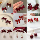 Poshoot Christmas Red Bow Drop Earring For Women Temperament Heart Flocking Bowknot Christmas Earring Girls New Year Festival Jewelry