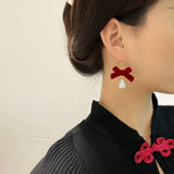 Poshoot Christmas Red Bow Drop Earring For Women Temperament Heart Flocking Bowknot Christmas Earring Girls New Year Festival Jewelry