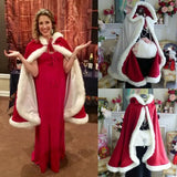 Poshoot Christmas Costume For Adult Kids Women Hooded Christmas Cloak Mrs Santa Claus Velvet Fur Cloak Capa Red Cloak Cape Party Cosplay