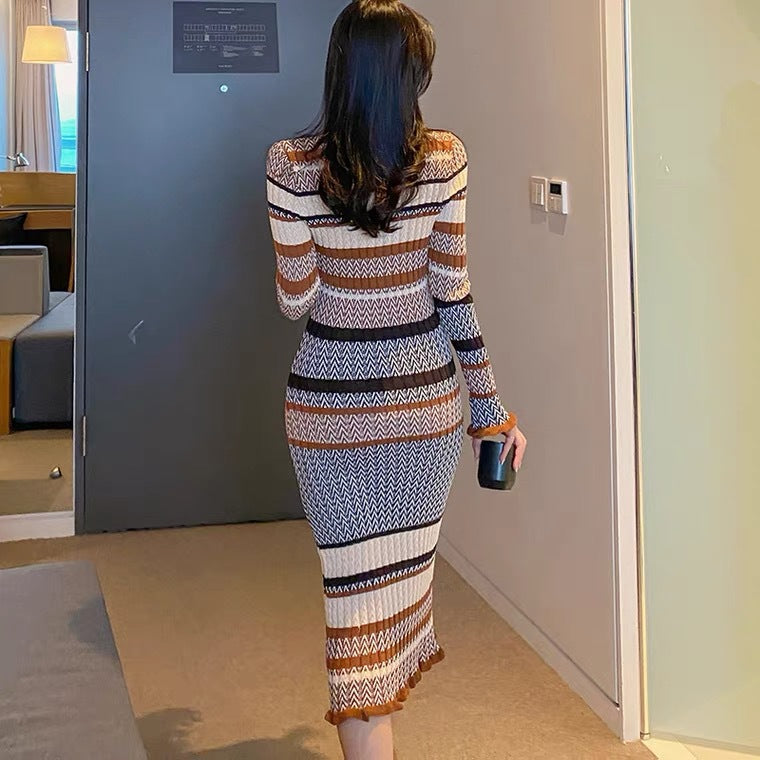 Poshoot Women's New Style Temperament Slim Dress Knitted Fashion Color Matching Sweater Bottomed Skirt Dress Dress  Dress for Women