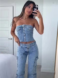 Poshoot Tiago Strapless Denim Crop Top