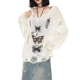 2000s dti Y2g Dark Lazy Style Sweater Hollow Printed Ripped Design Long Sleeve Knitted Blouse Loose Sweater